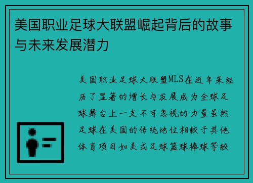 美国职业足球大联盟崛起背后的故事与未来发展潜力 美国职业足球大联盟崛起背后的故事与未来发展潜力